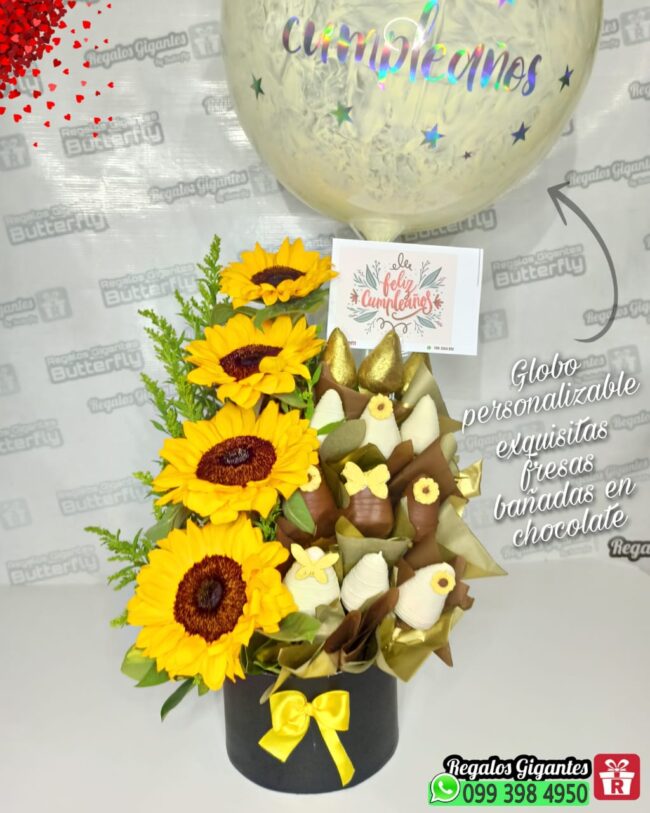 Arreglo floral con frutillas cholatadas (Bella), entregas a domicilio, girasoles