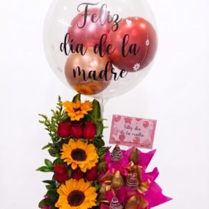 Arreglo floral Latidos de Amor con girasoles, rosas y fresas con chocolate.